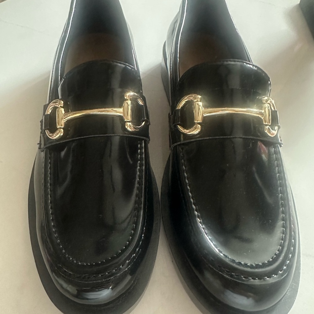 H&M Black Patent Loafers with Gold Hardware